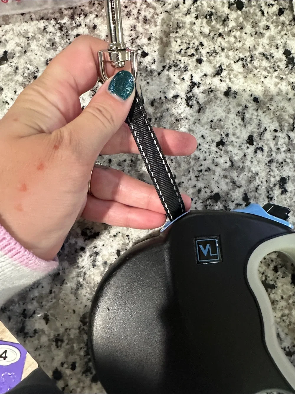 VL Branded Retractable Dog Leash in Black & Light Gray reflective. Small/medium